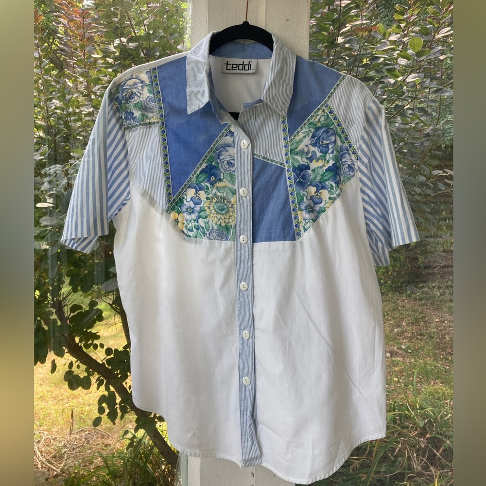 vintage 90s Teddi blue and white button up t-shirt with floral striped patchwork